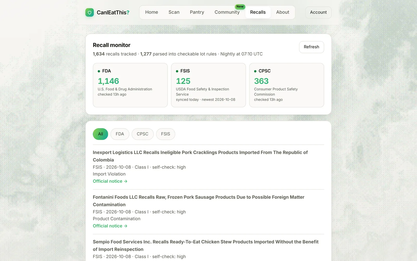 CanIEatThis recall monitor showing FDA, FSIS and CPSC counts and the latest recalls